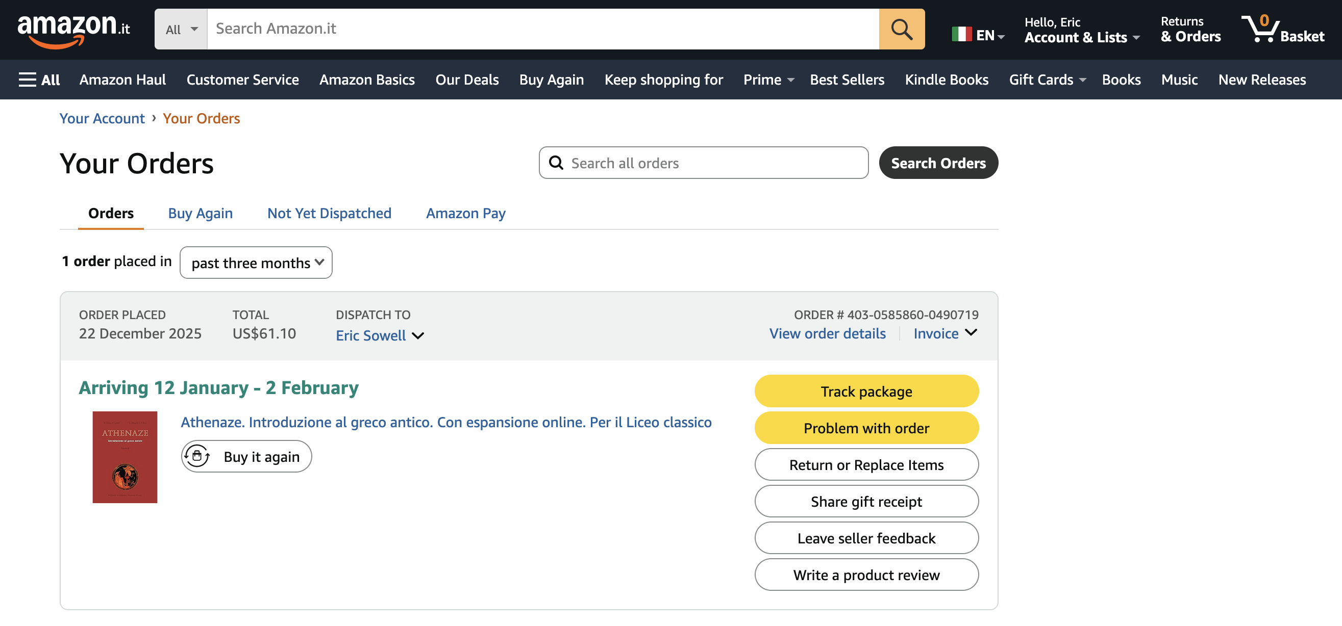 Order page for Italian Athenaze II