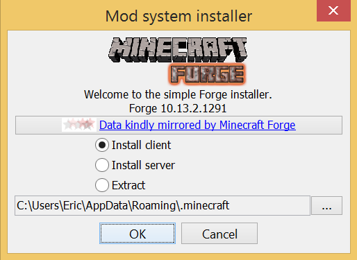 The first screen of the Minecraft forge installer.