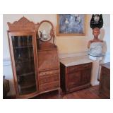 oak bookcase, small chest, carved pine bust