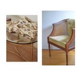 Mid-Century Modern Pattern Throw Pillows, Pair Barrel Back Cane & Velvet Tufted Chairs