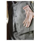 Ladies Vintage Hand-Sewn Gray Suit, Pink Pearl-Trimmed Gloves
