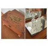 Vintage Carved Cedarwood Keepsake Box,3-Pc Art Deco Faceted Glass Perfume Set & Mirrored Vanity Tray