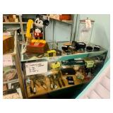Lots of Display Cases for Sale.  Vintage Ice cream scoops, Lance Cracker Jar, Mickey Mouse Phone