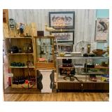 Glass Display Cases, Wood Shelf, Pictures, Cast Iron Room Warmer