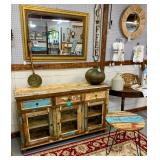 New Colorful Wooden Buffet from India, Mirrors, Demi Side Table