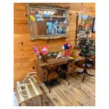 Early Singer Sewing Machine Table, Miror, 2 Tier Antique Table, Antlers