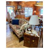 Vintage Camelback Couch, End Tables, Lamps