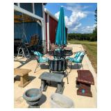 Concrete Benches, Planters, Wrought Iron Patio Dining Set