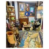 Peacock Rug, Lamps, Candles, Brass