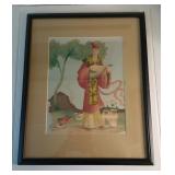 $50 1940s Airbrush Watercolor Painting Bernard Pair Asian Deco Mid Century Retro 50s