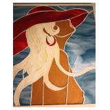 $50Artist Signed 2007 Hand Crafted Art Tile Large Woman Figure in Red Hat 