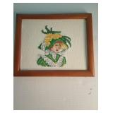 $10Vintage Mid Century Modern Boho Handmade Crewel Embroidery Lady With Hat Wall Art good condition