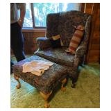 Another tapestry material queen Ann style easy chairs with matching ottoman