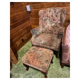 One of two tapestry material queen Ann easy chair with ottoman