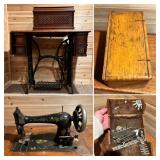 Antique Singer sewing machine, cabinet & accessories