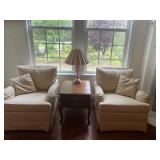 Cushioned chairs, two. Antique Ribbon Glass lamps -2, Ethan Allen table - 2