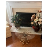 Glass top table, gold base & dry floral arrangements