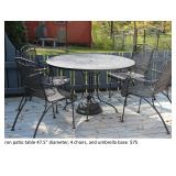 Patio table with 4 chairs and umbrella base, iron $75