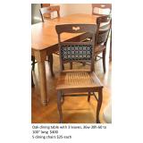 Oak dining table with 3 leaves min length 60" max length 100" $400 and 5 chairs $25 each
