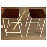 2 counter-height metal white bar stools with wood tops