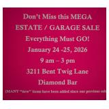 MEGA Estate Garage Sale!  Diamond Bar Jan 24-25   9am-3 pm