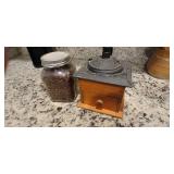vintage coffee grinder & jar of beans
