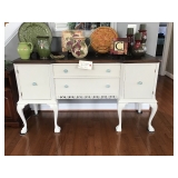 Antique Buffet wdrawer for flatware. Chalk painted white with updated knobs.