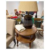 wooden table and glass jar lamp