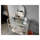 white metal dressing table with mirror and chair