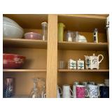 square tea pot with creamer and sugar, vintage wine glasses