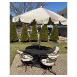patio set with 4 swivel chairs, umbrella, umbrella stand and table