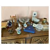 wood clock, vases, spinning wheel, various figurines