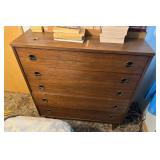 4 pc, Brown Wooden Chest of Drawers. 5 drawers with circular recessed metal handles.