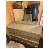 5 pc, Vintage Blonde Dresser with Mirror. 4 upper and 2 lower Drawers with metal handles.