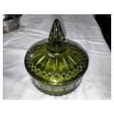 Vintage MCM Avocado Green Indiana Princess Diamond Glass Candy Dish with Lid. $25