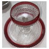 2 Pc Indian Glass Ruby Flash Diamond Point, Candy Dish and Platter, $150