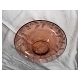 Pink Depression Rolled Edge Console Bowl with Floral Vine Cutting.$25 or bundle w candlestick holder