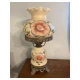 Vintage Milk Glass Hurricane Lamp, Pink Flower w Green Leaves, Claw Foot, 3Way Switch Electric. $165