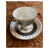 Vintage White Bone Chine with Black and Gold Gilt and Double Pierced Saucer. $35