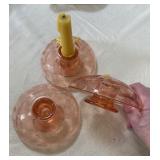 3 Pink Depression Glass Rolled Edge Floral Candlestick Holders.$36 or bundle w Console Dish