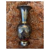 Vintage 7 1/2" Black Gold Wading Bird Lotus Flower Brass Vase.$18 or pair