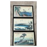 3 framed vintage mid-century woodblock prints by Utagawa Hiroshige