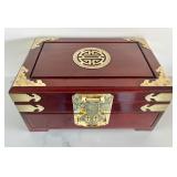 Vintage Chinese Wooden Jewelry Box with Brass Accents with Original Lock & Key