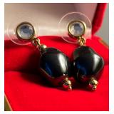 Black Faux Pearl with Crystals & Gold Accents Drop Earrings