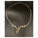 Sterling Silver Omega Necklace with Semi Precious Gemstones & Gold Plated Leaves
