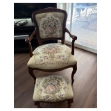 Antique beautiful Italian embroidered chair with matching stool