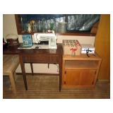 Basement:  TV stand, Singer sewing machine, Box of small bottles, White box
