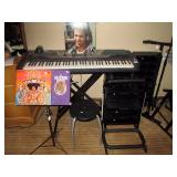 Basement:  Yahama KeyBoard psr-Gx76 Jimi Hendrix LP & CD set, Black Music Stand, 4 Guitar Stand, 