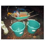 OutSide:  Wheel Barrow,  2 Buckets, Owl