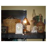 Living Room:  Basket, Clock, Lamp, oil Lamp, Wicker Bird Cage